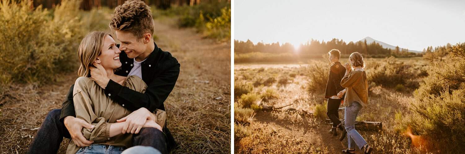 Engaged couple in meadow in Central Oregon with a mountain view